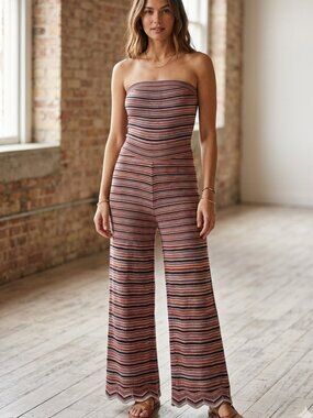 Free People Strapless Knit Jumpsuit Boho Wide Leg Striped Size L